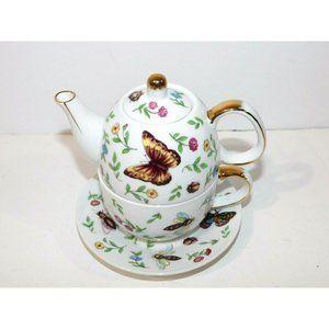 TEAOPIA Butterfly Bees Floral Teacup / Single Tea pot Set Porcelain Gold